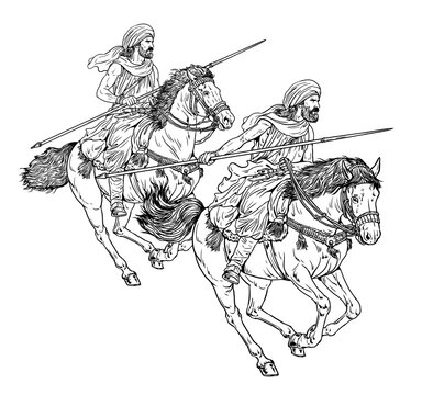 Gaetuli riders in attack. Ancient cavalry. Historical drawing.