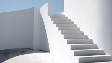 A minimalist white staircase ascends against smooth walls, creating a serene and modern architectural space bathed in sunlight.