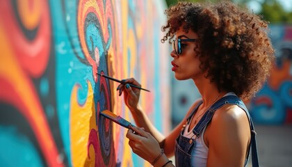 Artist paints mural on city wall. Young woman with sunglasses creates colorful design. Wall painting project brings artistic expression, style, fun to urban canvas. Street art improves mood.