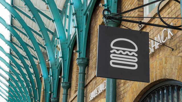 Shake Shack restaurant sign, 24 April, Central London, UK