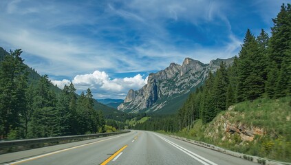 Fototapeta premium Mountain road under a sunny summer sky, ideal for travel and exploration