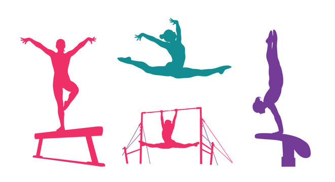 Gymnastics silhouettes depicting balance beam uneven bars and dynamic floor routines