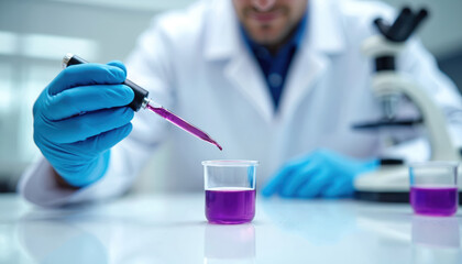 Scientist in lab coat and blue gloves adds purple liquid to beaker using pipette. Microscope nearby on white table. Close up shot of research process in facility.