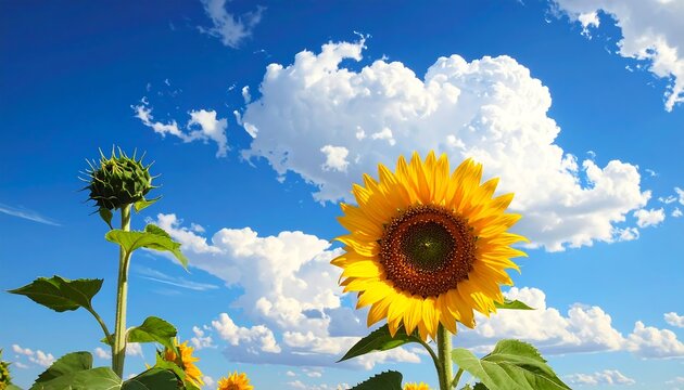 A vibrant sunflower field under a clear blue sky dotted with fluffy white clouds - Powered by Adobe