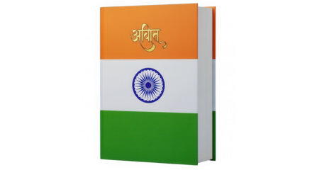 Indian flag colored book with devanagari script isolated on transparent background