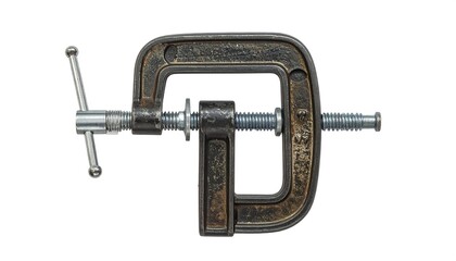 A detailed studio shot showcasing a vintage clamp on a pristine white background