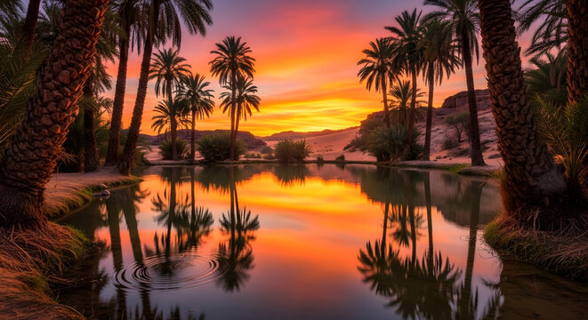 A serene desert oasis at sunset reflecting palm trees in calm water creating a tranquil scene - Powered by Adobe