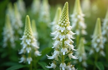 White flower cluster of Lysimachia clethroides blooms in garden. Plant has green leaves and tall stalk with many small white petals. Nature scene.