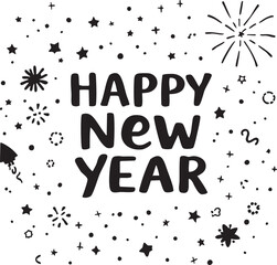 Black and White Vector of Happy New Year Text with Stars, Confetti, and Fireworks for Festive Design