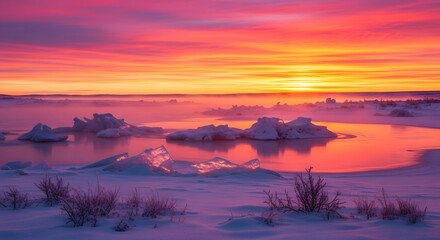 Vibrant sunset over a snowy landscape with ice formations and water reflections creating a serene scene
