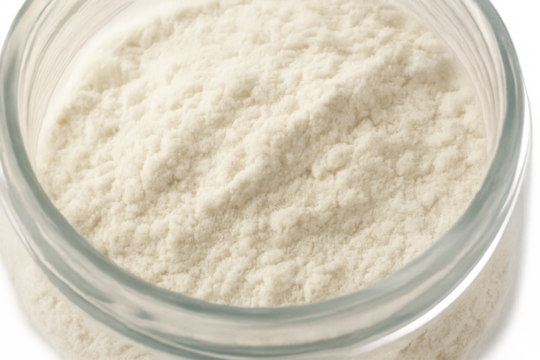 White flour powder filling a glass jar, useful ingredient for baking and cooking, transparent background