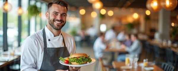 Chef proudly presents a gourmet burger with fresh greens and tomatoes on a white plate. He stands in a busy, warmly lit restaurant dining room with friends enjoying meals at tables.