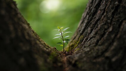 Fototapeta premium Young tree sapling emerging from the trunk of a larger tree with a soft green backdrop, symbolizing new growth