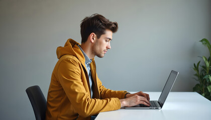 Young man in yellow jacket types on laptop at white desk. Focused person works in modern office space. He sits at computer near grey wall, green plant. Serious employee with brown hair concentration.