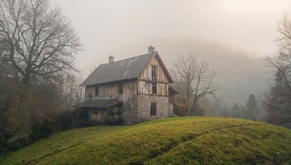 Obraz premium Old house perched on a hillside enveloped in early morning fog, showcasing the serene beauty of nature