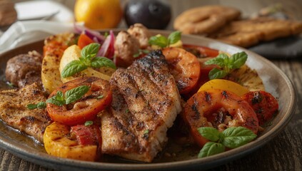 A balanced Mediterranean diet featuring organic fruits, vegetables, fish, and meats, highlighting a protein-rich meal