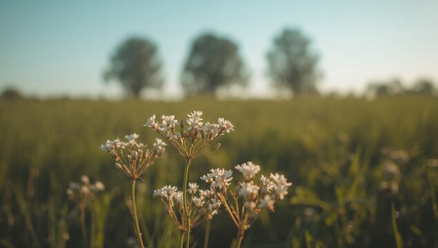 White flowers blooming in a meadow, seasonal change