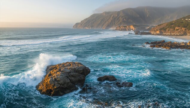 Rocks on the ocean shoreline subjected to wave impacts, erosion risk
