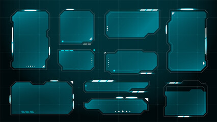 Futuristic HUD frame interface set. Cyber digital window elements with glowing blue neon design for sci-fi games, UI, and technology concepts.