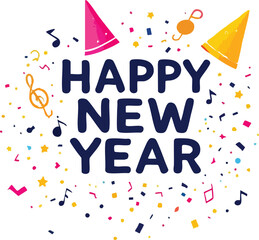 Festive Vector Illustration of Happy New Year Text with Confetti, Party Hats, Stars, and Celebration Icons