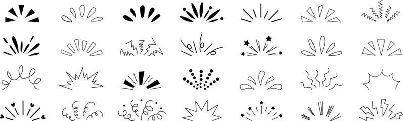 Doodle explosion and comic burst manga elements. retro cartoon outline vector bundle set.