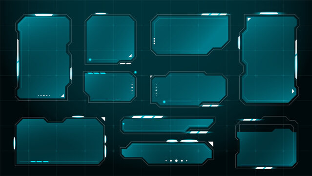 Futuristic HUD frame interface set. Cyber digital window elements with glowing blue neon design for sci-fi games, UI, and technology concepts.