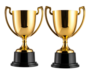 Two golden trophies with black bases, isolated
