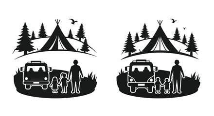 Camping scene with a family vehicle and teepees in a woodland setting © MALA