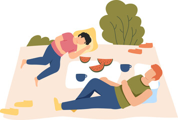 People sleeping outdoors on picnic blanket relaxing