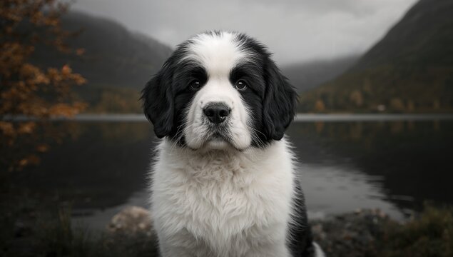 Newfoundland Dog - Pure Breed, portrait of a young black and white animal by the water, highlighting the beauty of nature