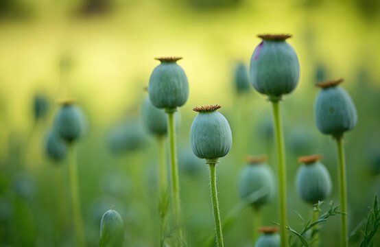 Green opium poppy seed pods with distinct crowns stand tall in sunny agricultural field. Papaver somniferum plants cultivated as important crop for medicine, food, drug production globally. Natural
