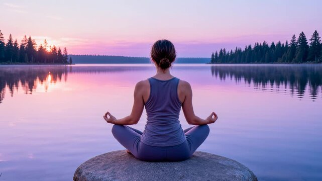 Find inner peace with mindful meditation by the serene lake at sunrise, perfect for wellness retreats or promoting a balanced lifestyle