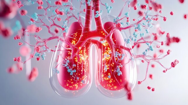 Anatomical illustration of human lungs with intricate details, highlighting the respiratory system and health concepts