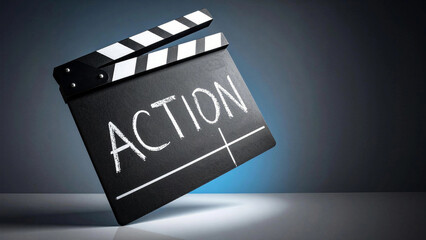 Clapperboard displaying action word for film production