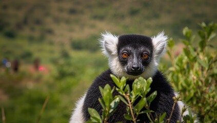 Obraz premium Vertical portrait of the largest lemur species, the indri from a national reserve, showcasing its unique features, wildlife preservation