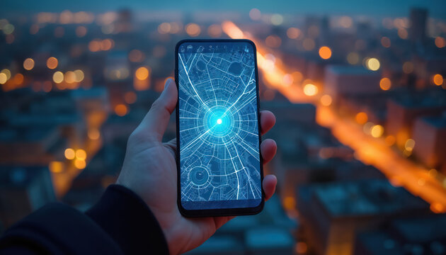 Hand holds modern smartphone displaying glowing blue digital map grid. Bright light radiates from screen center. Cityscape with blurred street, building lights in background at twilight. Represents