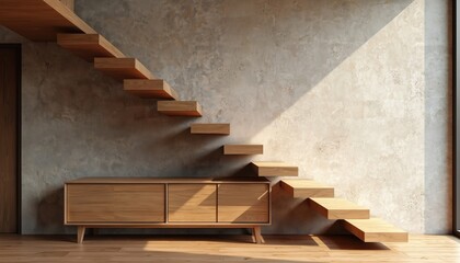 Modern wooden cantilever stairs ascend beside a textured concrete wall with natural light casting shadows. A minimalist wooden credenza sits below, complementing the clean lines of the interior.