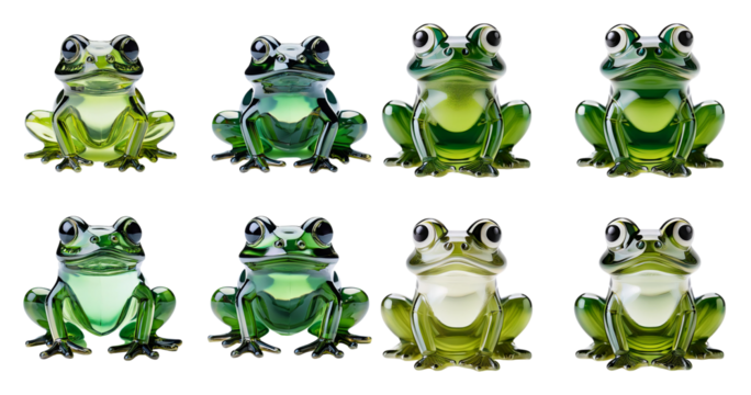 Colorful Glass Frogs in Various Poses on White Background, PNG bundle collection, Isolated on Transparent Background