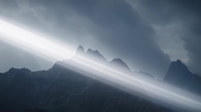 Dramatic landscape features a mountain range with shafts of light piercing through a dark, clouded sky