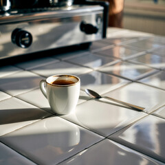 Espresso cup on tiled table with spoon