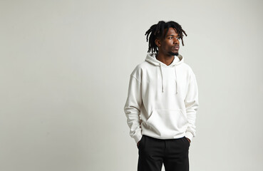 Fototapeta premium Handsome african man in white hoodie stands against a plain background. He wears black pants and has dreadlocks. Male model poses in blank sweatshirt for apparel mock-up.