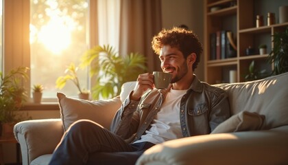 Young man relaxes on sofa with warm beverage. Sunlight streams through window illuminating comfortable living room. He smiles enjoying quiet moment of peace and happiness at home.