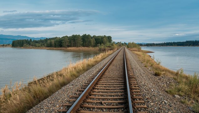 Train tracks parallel to a waterway, transportation infrastructure, seasonal change
