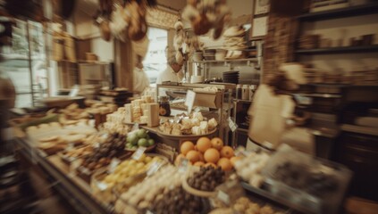 Retro-style abstract food stand illustration for an indoor daytime market backdrop