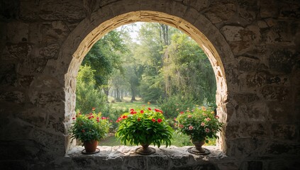 Nature view framed by stone architecture, showcasing potted plants, preservation