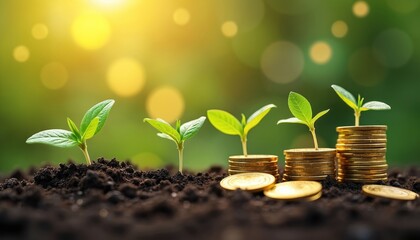 Young plants sprout from rich soil and stacks of gold coins. Green leaves unfurl towards bright sunlight, symbolizing financial growth and prosperity. Investment blossoms into wealth.