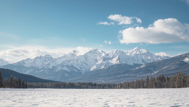 Scenic view of snow-covered mountains, suitable for text background, winter season.