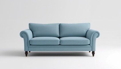Soft blue double-seat sofa positioned against a white wall, ideal for creating a minimalist living space