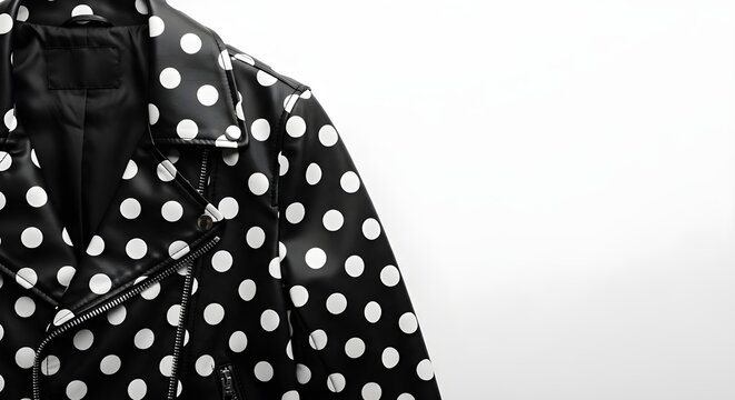 Black and White Ombré Polka Dot Faux Leather Jacket, Contemporary Fashion Apparel, Studio Shot
Stylish Women's Outerwear on Mannequin, Gradient Color Effect, Large Spotted Pattern