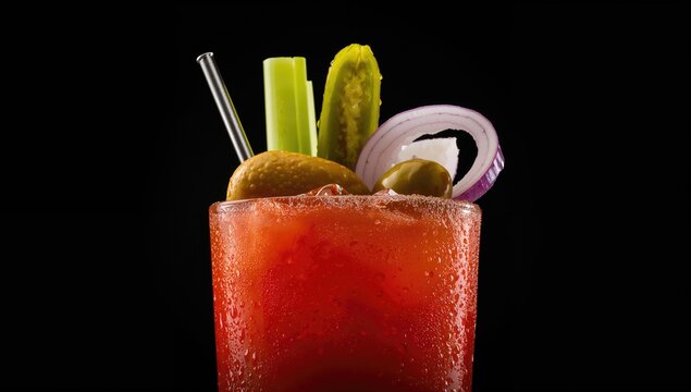 Cocktail made with vodka and tomato juice garnished with celery, olive, pickle, and onion, fiber-dense choice - Powered by Adobe